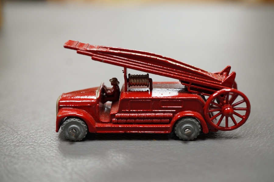 Ten boxed Matchbox Series 1-75 regular wheels vehicles; 1; Aveling Barford Road Roller, 3; Cement Mixer, 4; Massey Harris Tractor, 6; Quarry Truck (flaps on one end reattached with tape repair), 7; Horse drawn milk float
